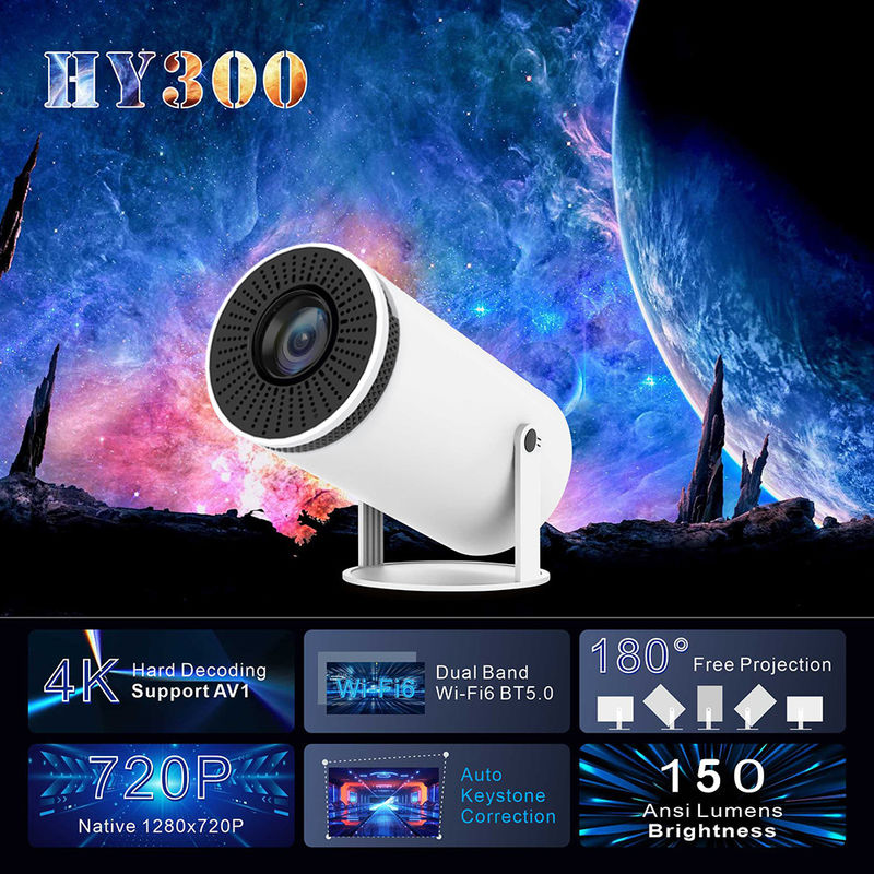 पोर्टेबल एलसीडी HY300 प्रोजेक्टर 1280*720P नेटिव रिज़ॉल्यूशन 2.4G/5G/BT4 के साथ।1